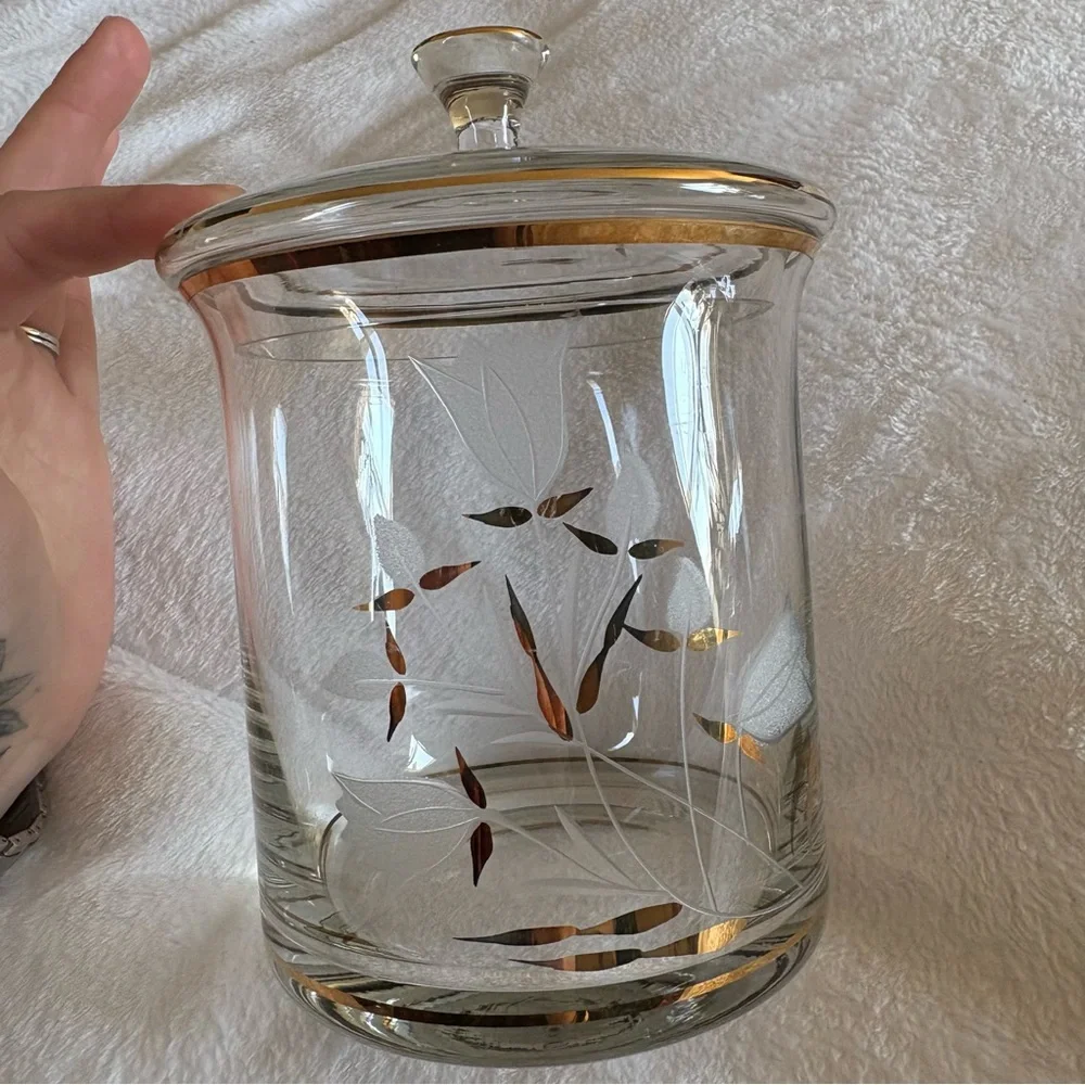 Crystal Romanian Gold Embossed Canister Etched Tulip Candy jar With Lid Floral